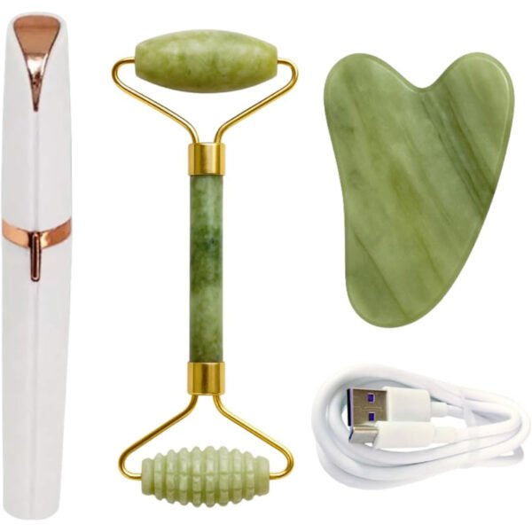 Jade Roller Set 3 in 1 Facial Massage Tool Gua Sha Stone Eyebrow Trimmer